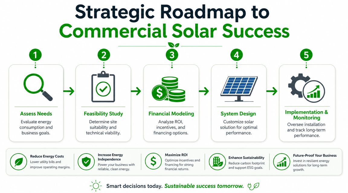 A strategic roadmap infographic illustrating the five steps to commercial solar energy installation success for businesses.