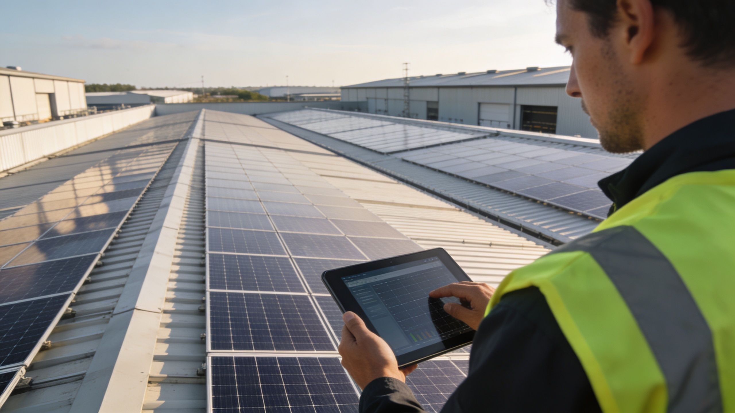 A technician inspecting industrial solar panels on a warehouse rooftop while holding a tablet device.