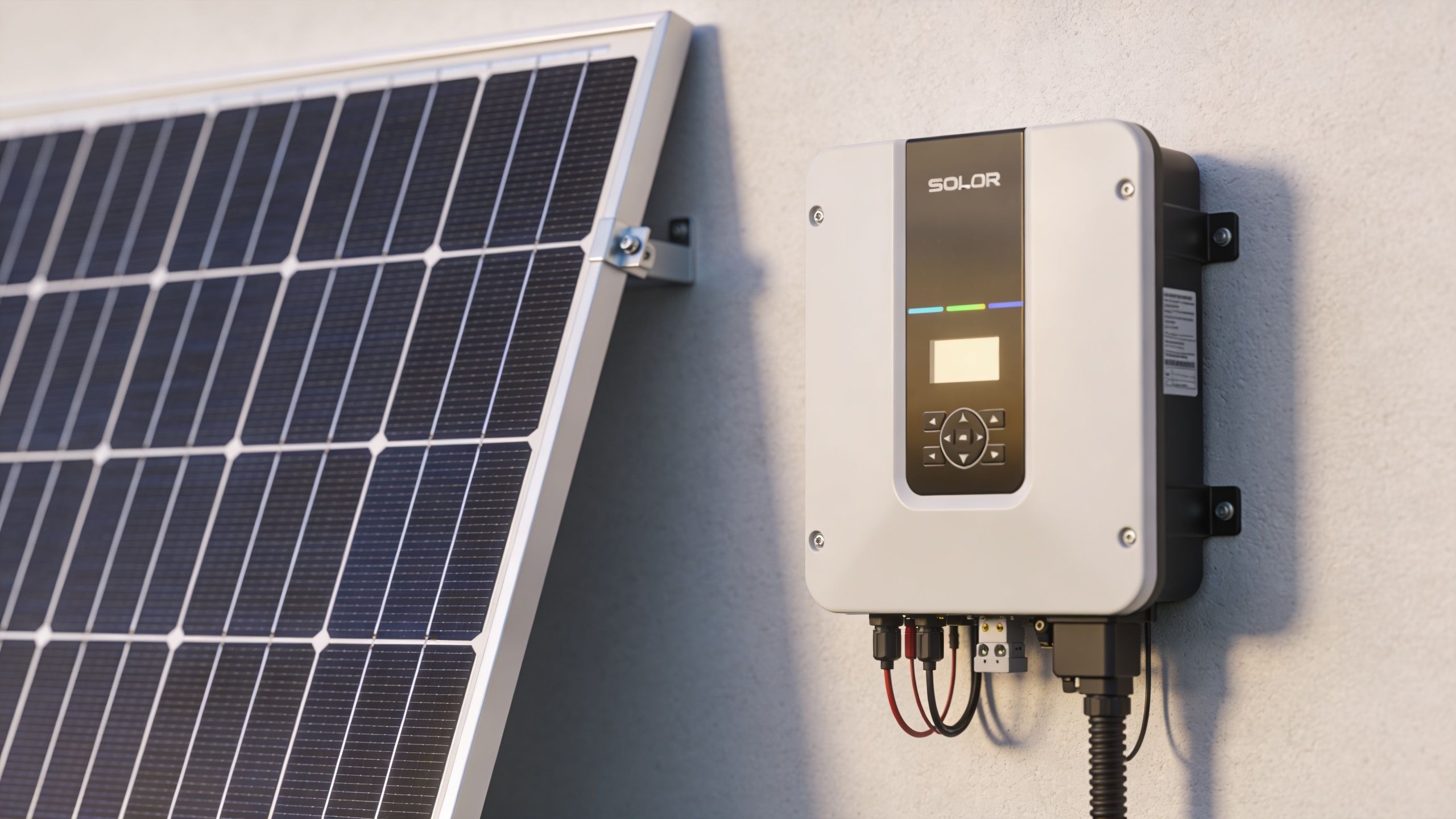 A modern solar panel next to a wall-mounted solar inverter installed on a concrete wall.