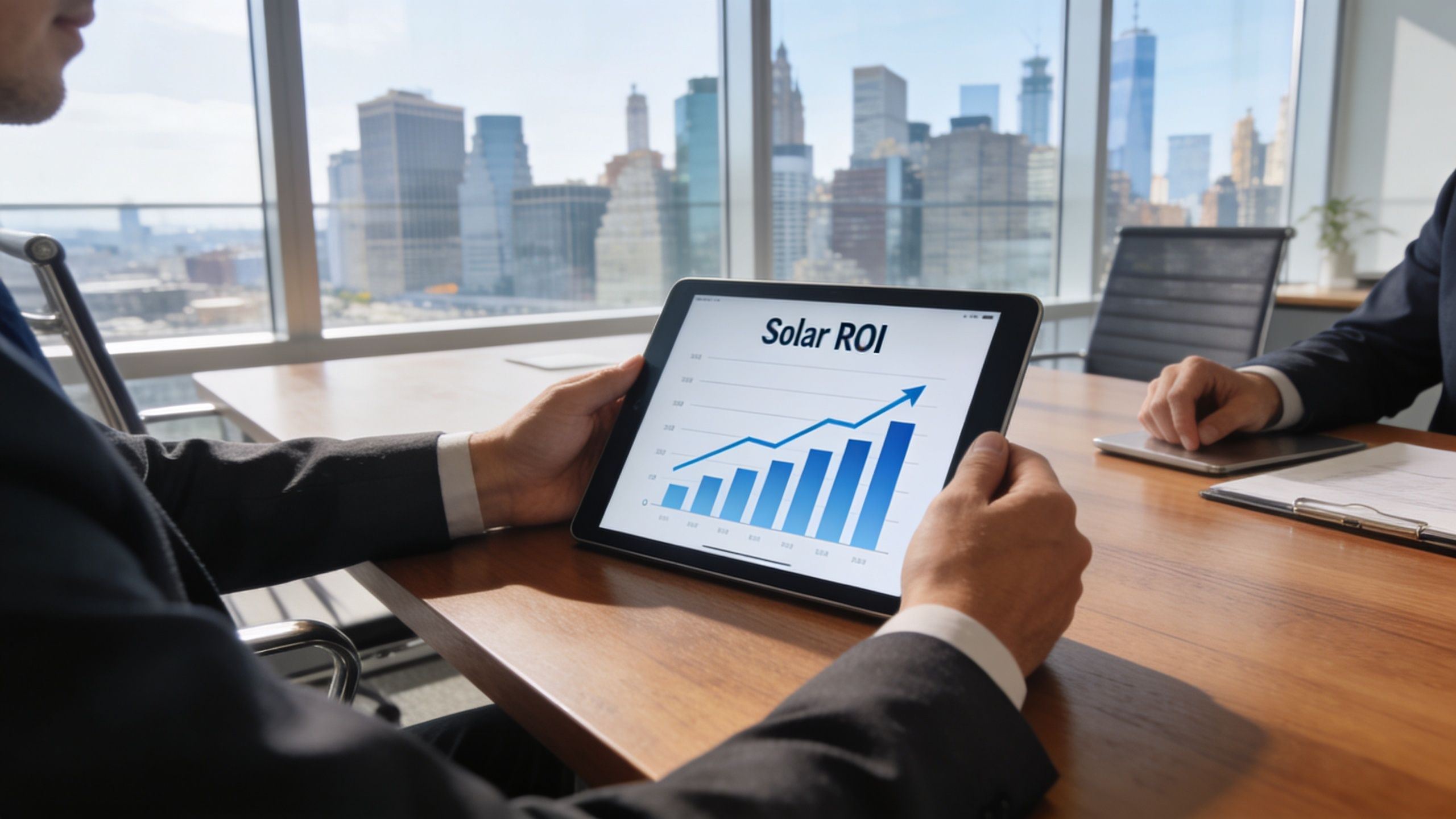 A professional in a suit holding a tablet displaying a rising Solar ROI graph in an office.