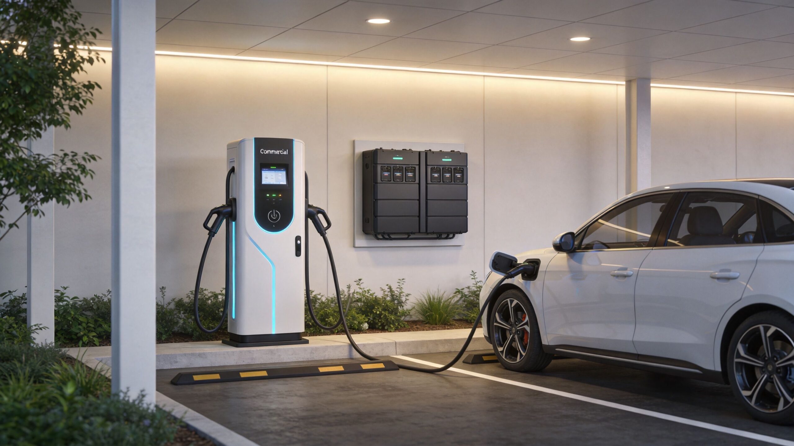 A modern electric vehicle charging station in a covered parking space with a white car plugged in.