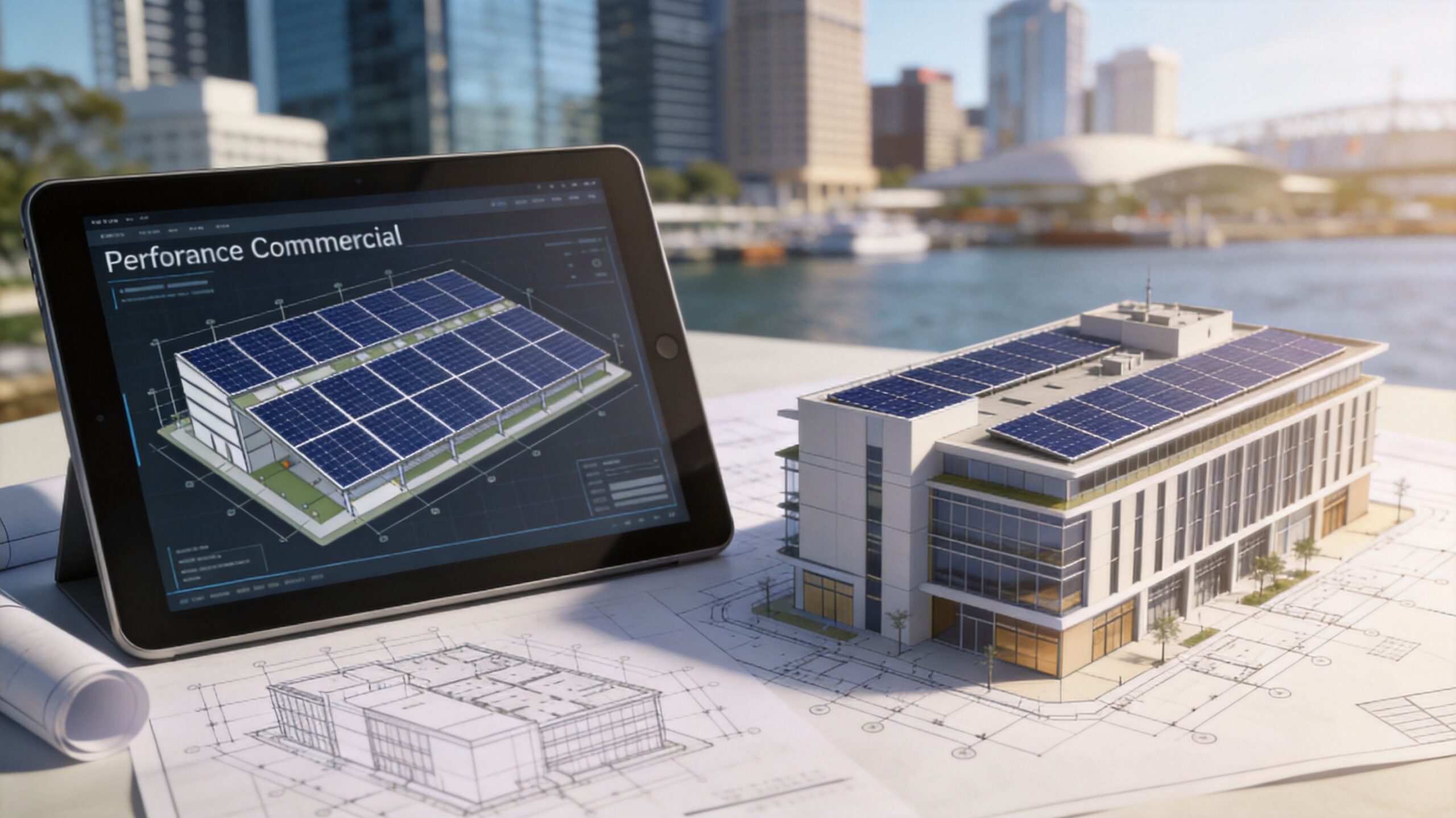 Digital tablet displaying solar panel designs next to a model building on architectural blueprints near a harbor.