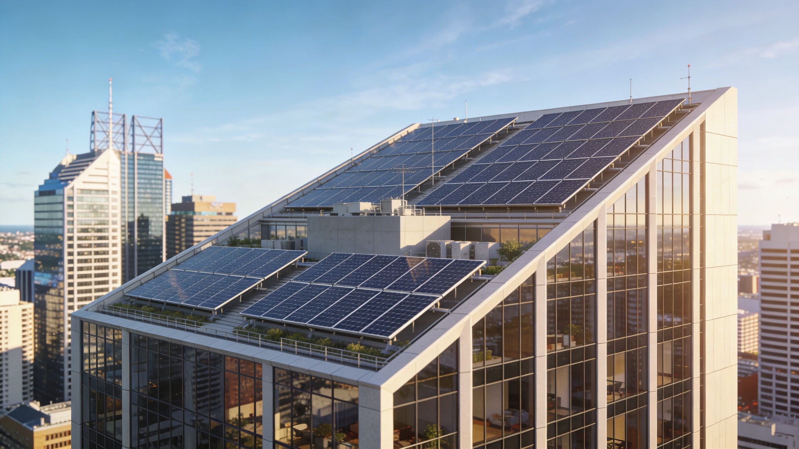 A modern commercial skyscraper in a city skyline featuring large solar panels installed on its roof terrace.