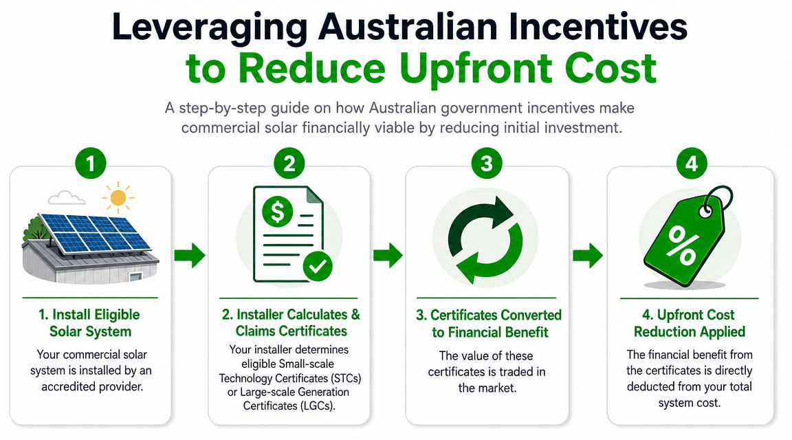 A four-step infographic illustrating how Australian government incentives reduce the upfront cost of commercial solar installations.