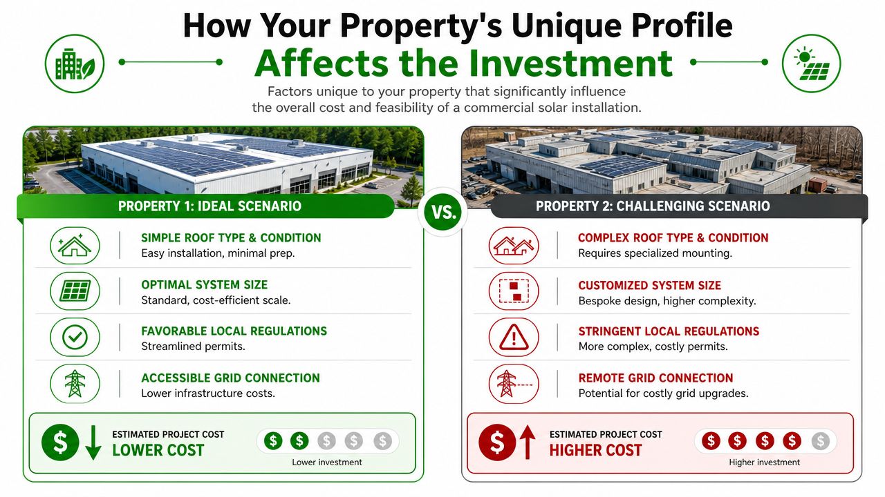 A comparison infographic showing how property characteristics influence the cost and feasibility of commercial solar panel installations.
