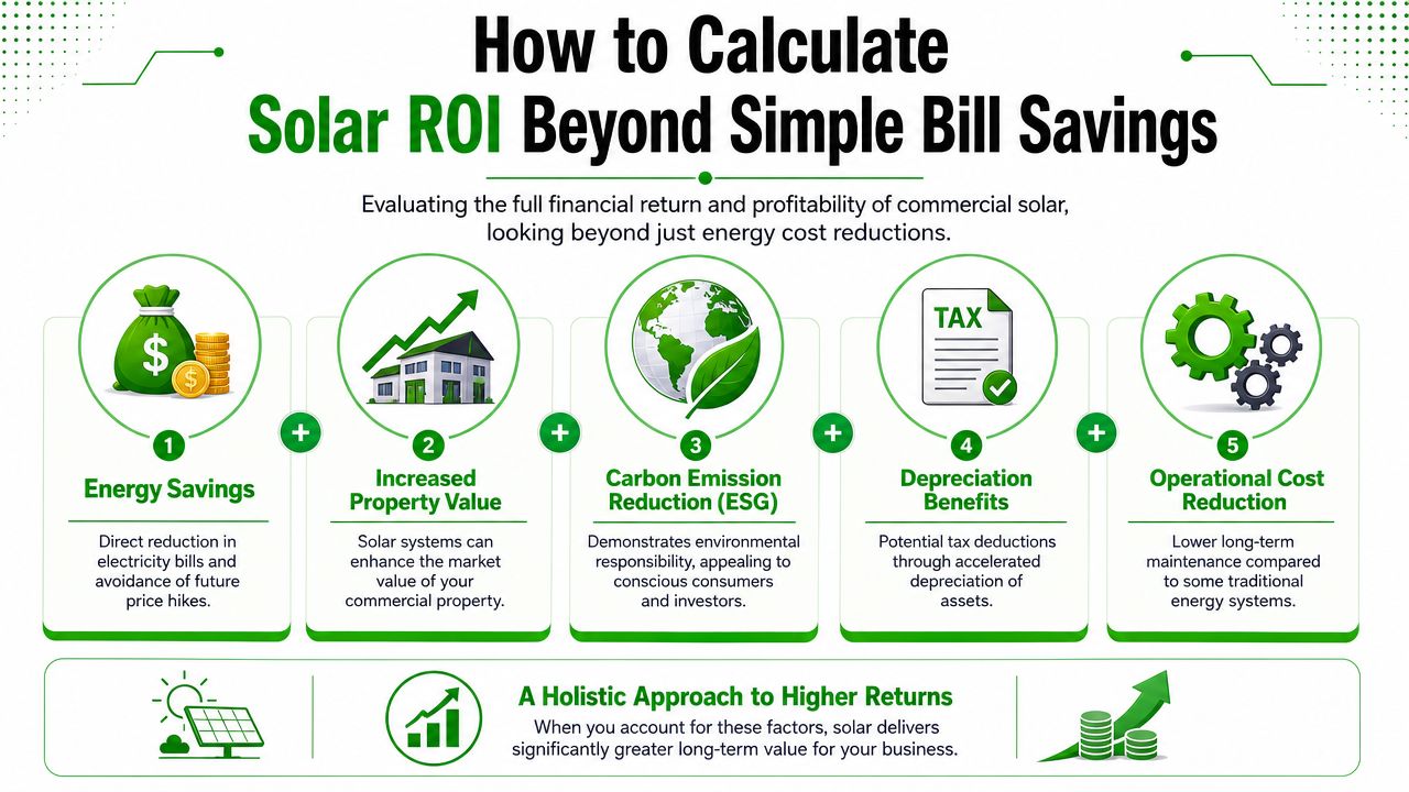 An infographic detailing five factors for calculating commercial solar ROI beyond simple energy bill savings.