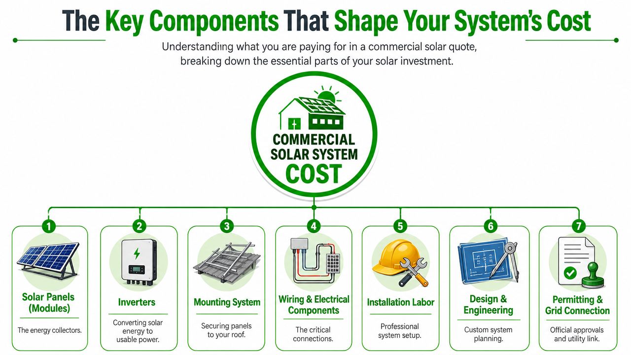 A diagram illustrating the seven essential components that contribute to the total cost of commercial solar systems.