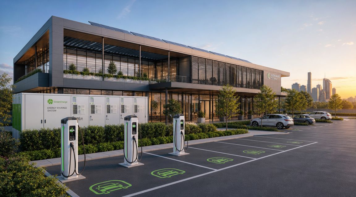A modern commercial building with solar panels, electric vehicle charging stations, and a connected battery energy storage system.