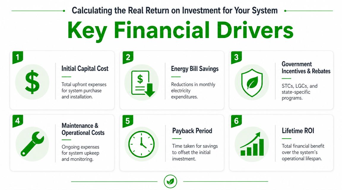 An infographic titled Key Financial Drivers outlining six factors for calculating the return on investment for solar systems.