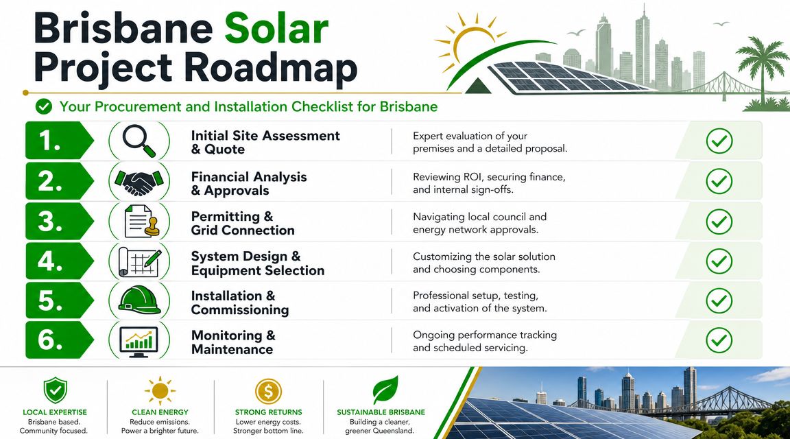 A six-step roadmap graphic detailing the procurement and installation process for commercial solar projects in Brisbane.