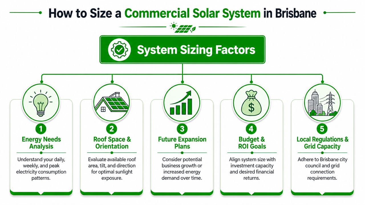 A diagram outlining five key factors for sizing a commercial solar power system in Brisbane, Australia.