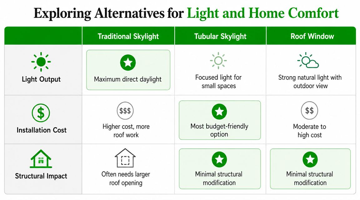 A comparison chart outlining the light output, installation cost, and structural impact of skylights and roof windows.