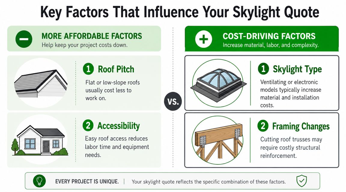 An infographic comparing factors that make skylight installation more affordable versus those that increase total costs.