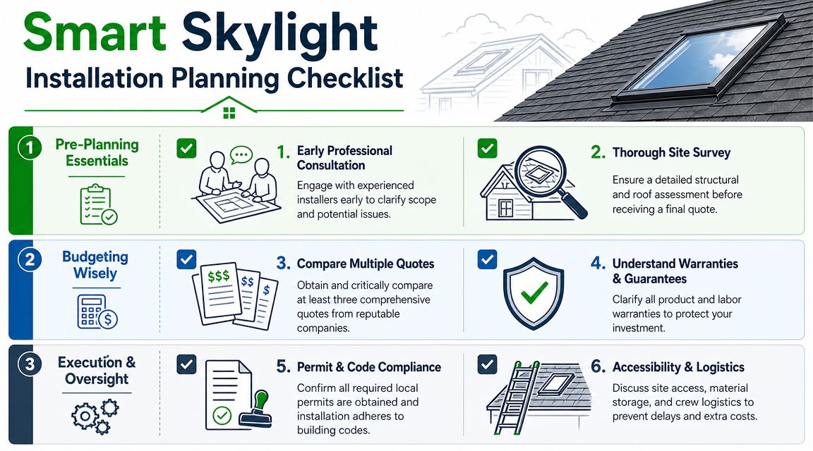 An infographic titled Smart Skylight Installation Planning Checklist showing six essential steps for home improvement projects.