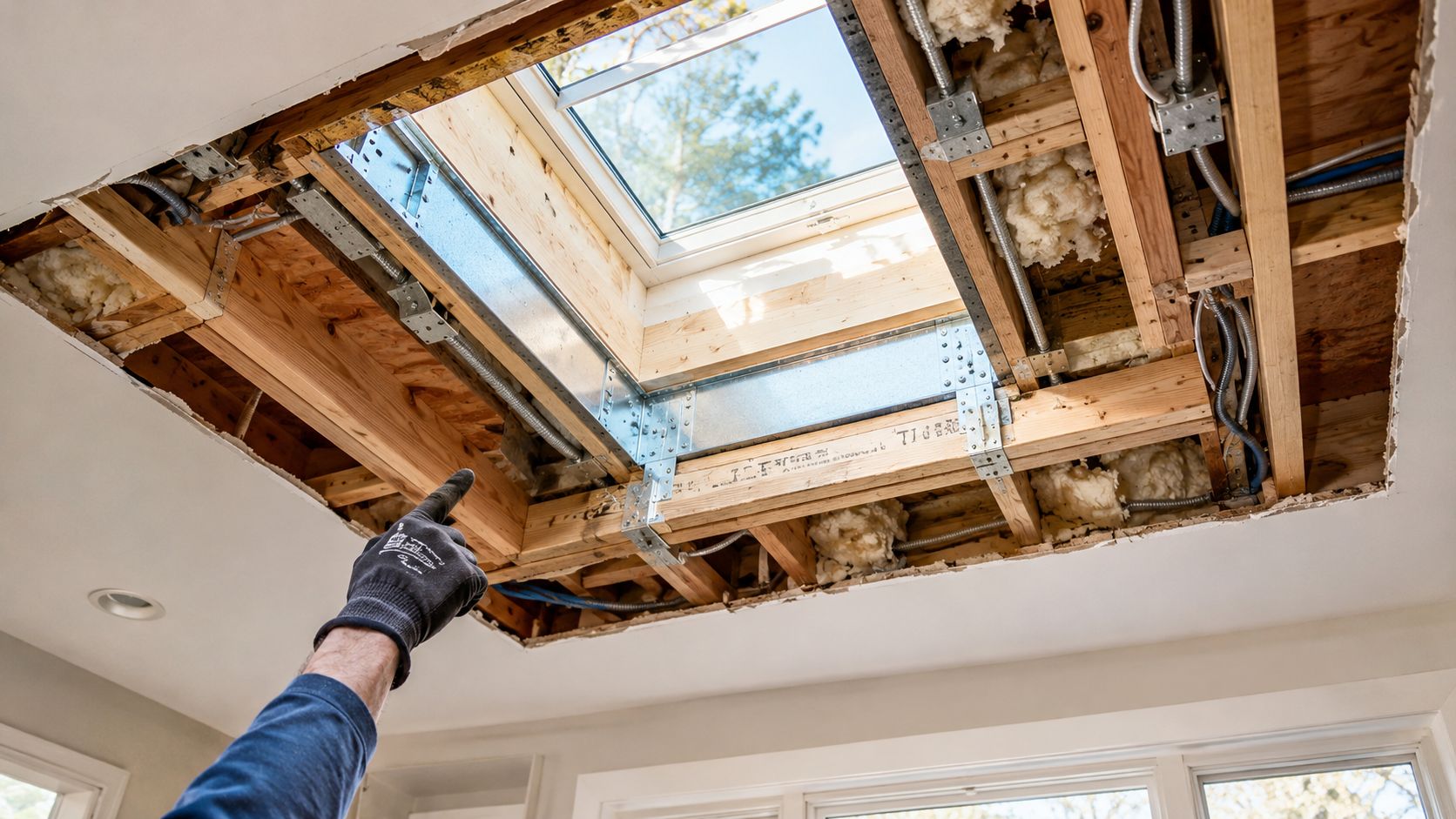 A construction worker points up towards a newly installed skylight set into a residential ceiling frame.
