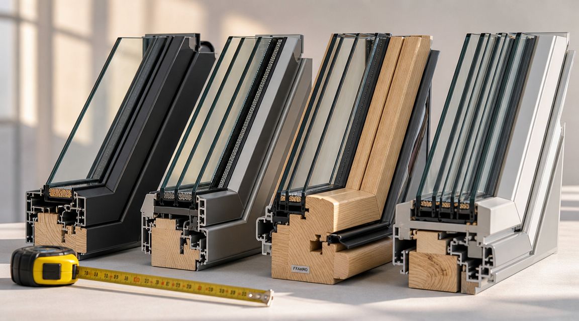 A line of various window frame profiles displayed on a white surface with a measuring tape.