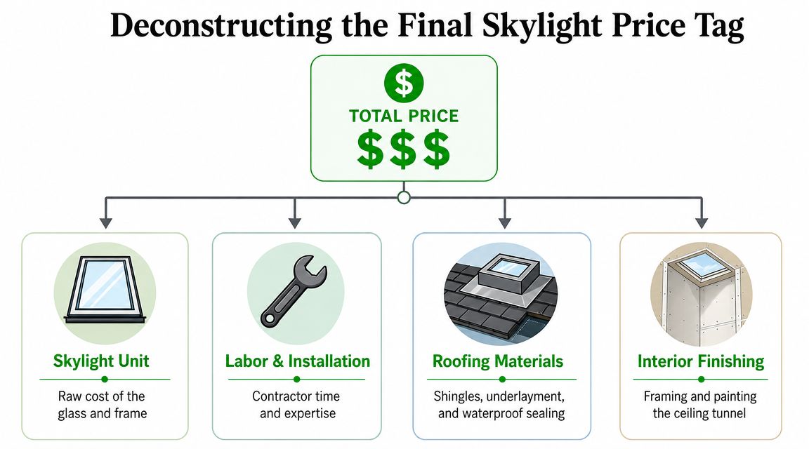 A diagram breaking down the factors influencing the total price of installing a home skylight.