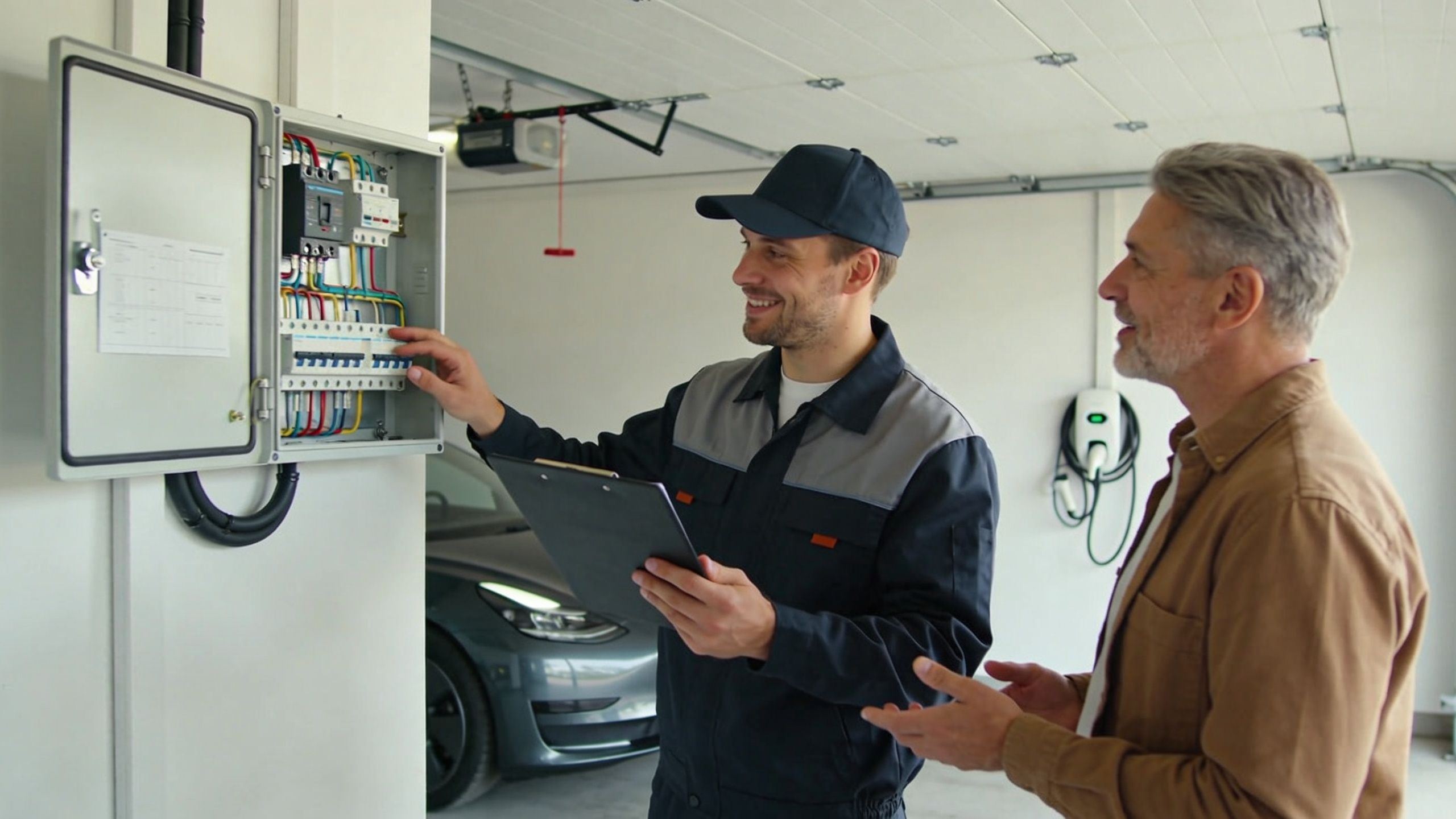 A friendly electrician explains home electrical panel upgrades to a homeowner in a garage with an electric vehicle.