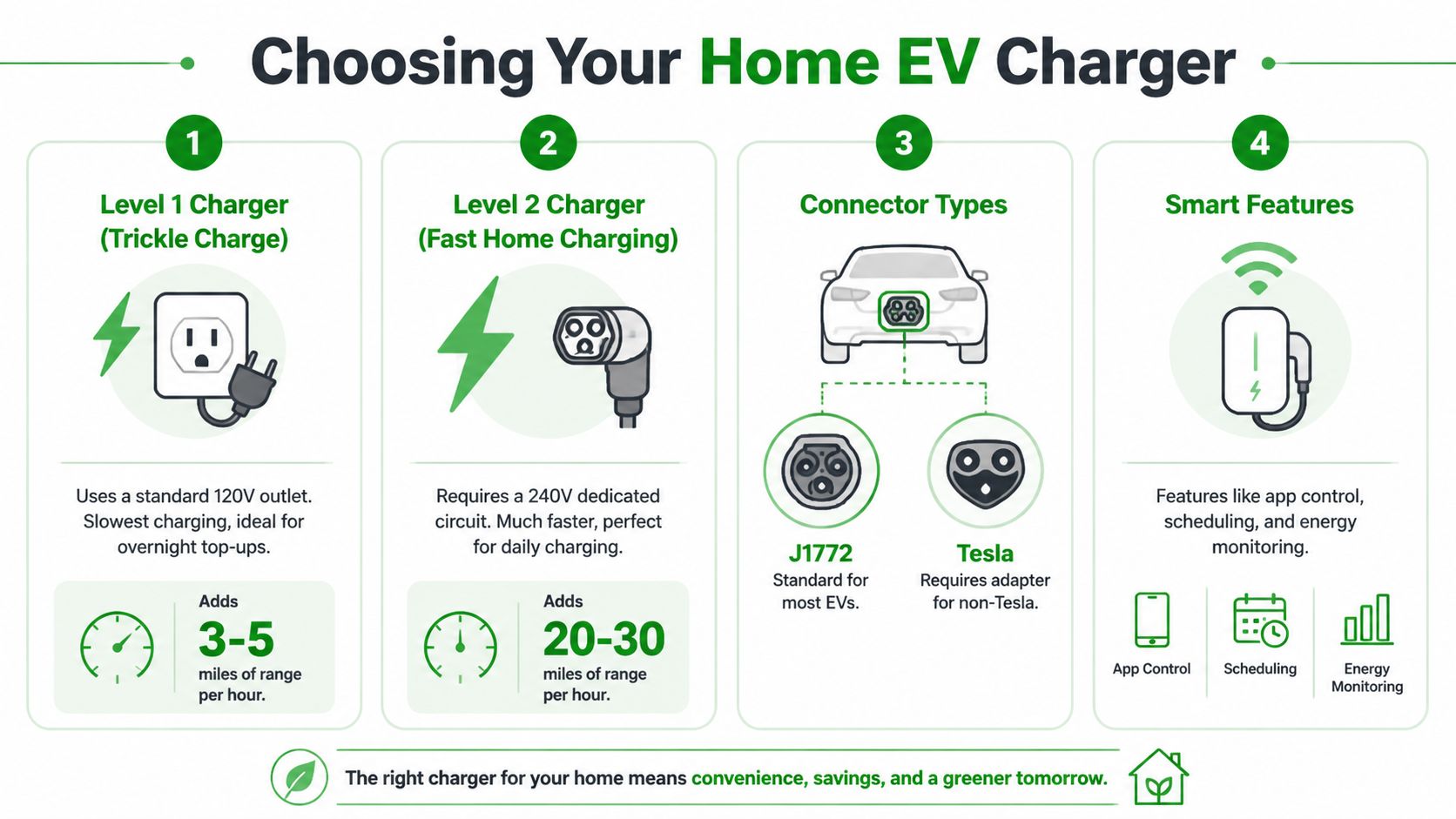 An infographic showing four steps to choose a home electric vehicle charger including charging levels and connector types.