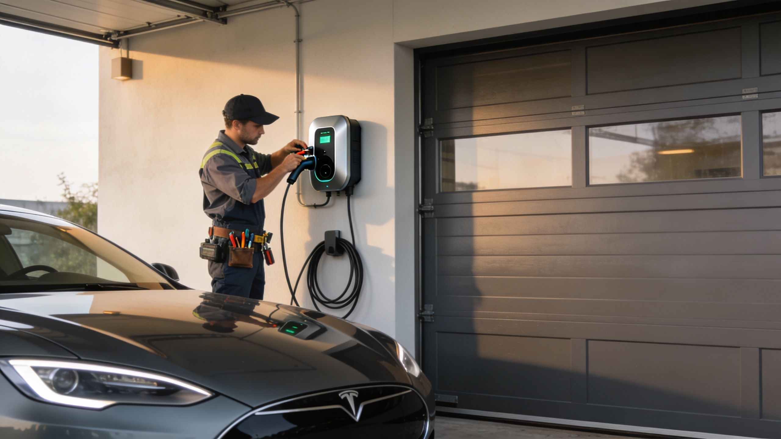 A technician installing a home electric vehicle charging station on the wall next to a grey car.