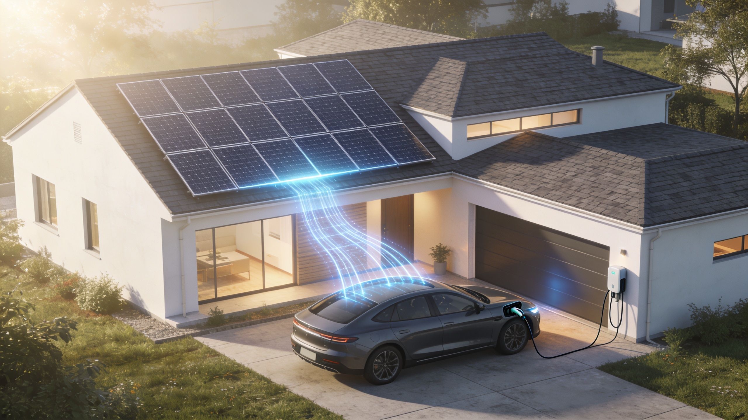 A modern suburban home charging an electric vehicle using energy generated from rooftop solar panels.