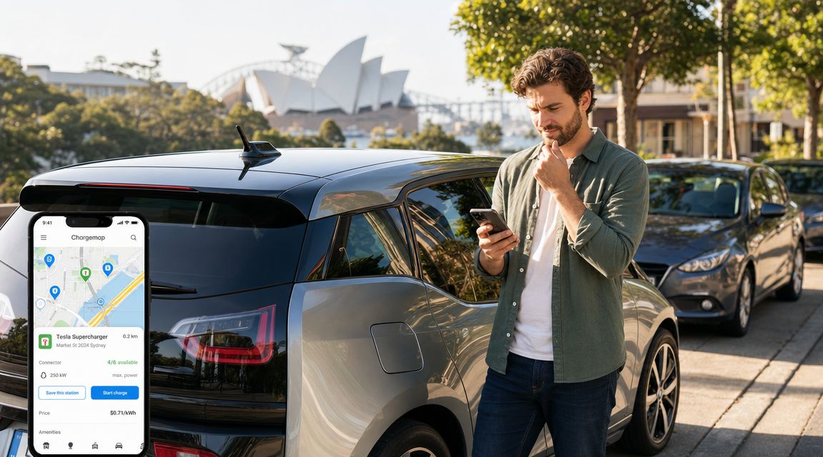 A man stands beside his electric car in Sydney, using a mobile app to find charging stations.