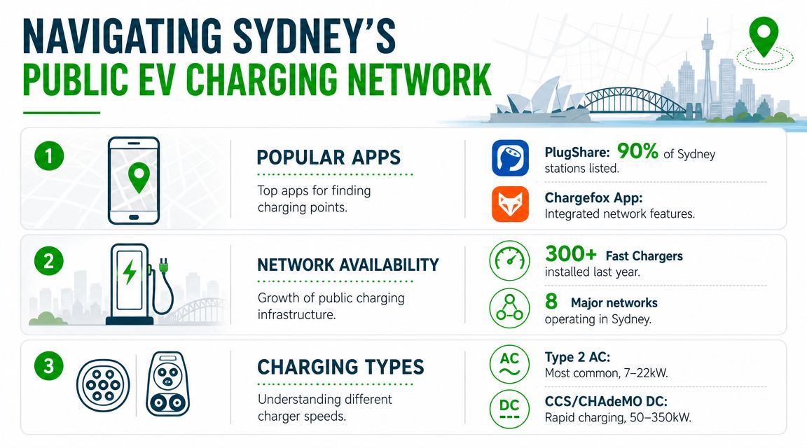 An infographic titled Navigating Sydney's Public EV Charging Network showing apps, charger availability, and charging connector types.