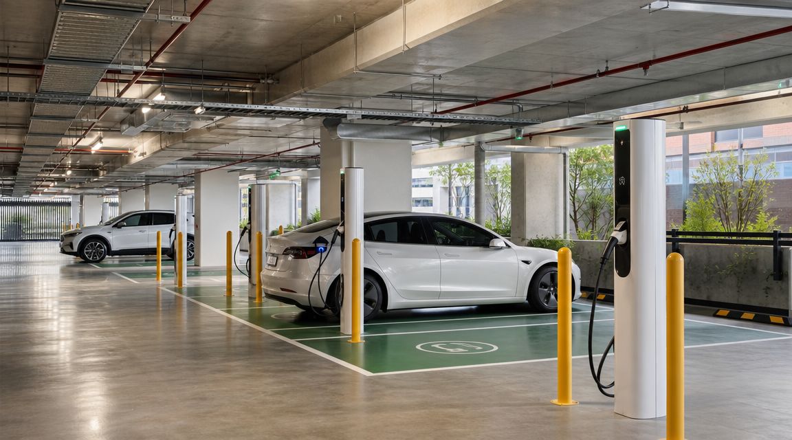 A modern underground parking garage with two electric vehicles parked at EV charging stations in Sydney.