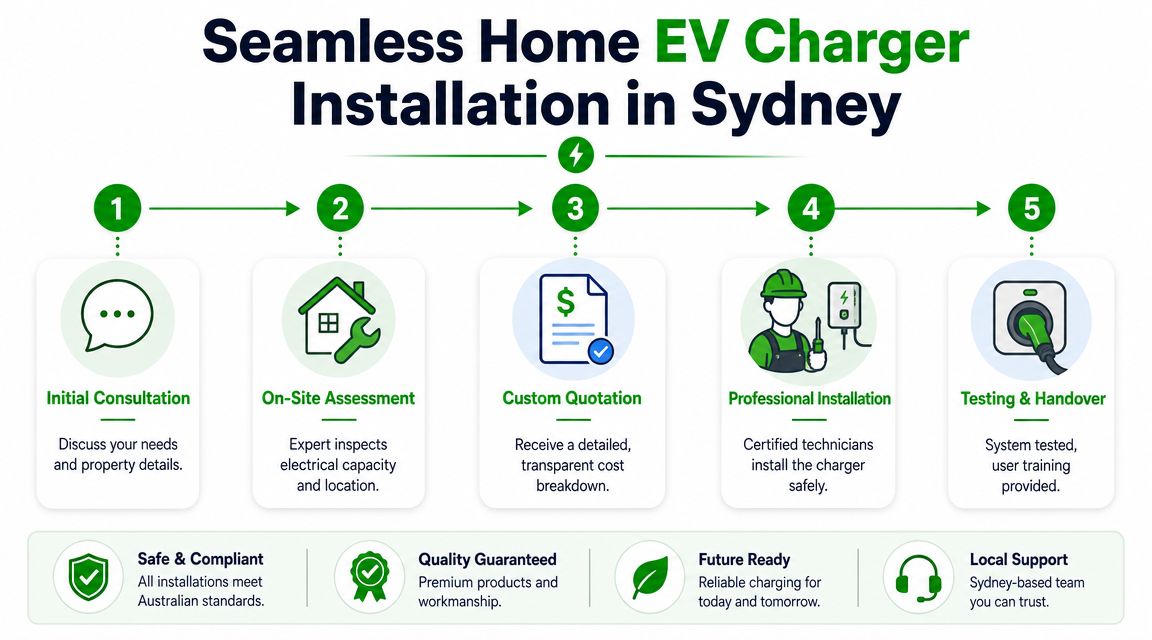 A step-by-step infographic illustrating the five-stage professional home EV charger installation process in Sydney.