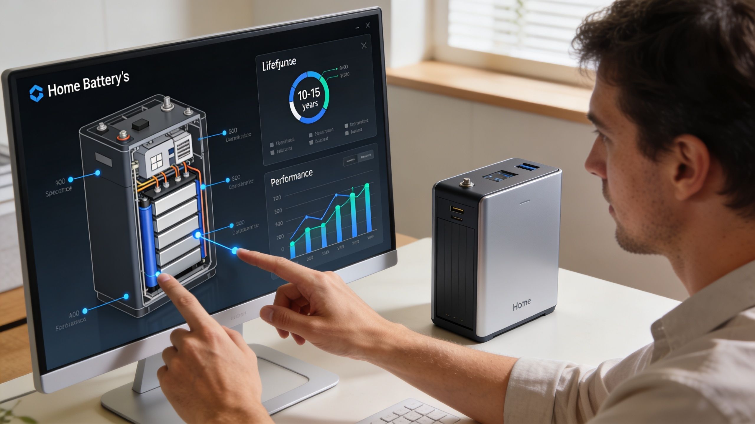 A person analyzing data on a computer screen related to home battery storage technology and performance statistics.
