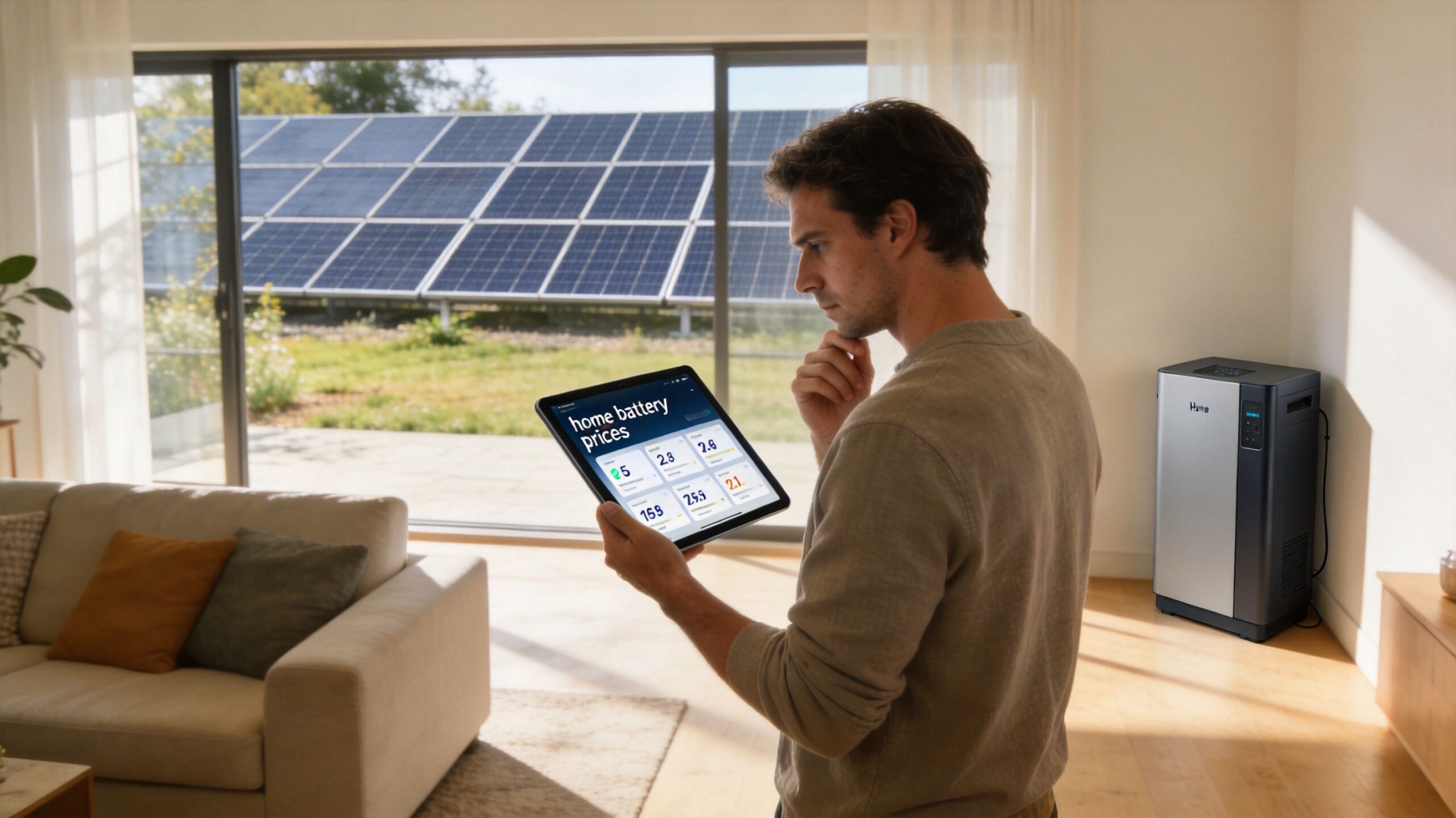 A man examines home battery storage prices on a tablet while standing in a modern living room.