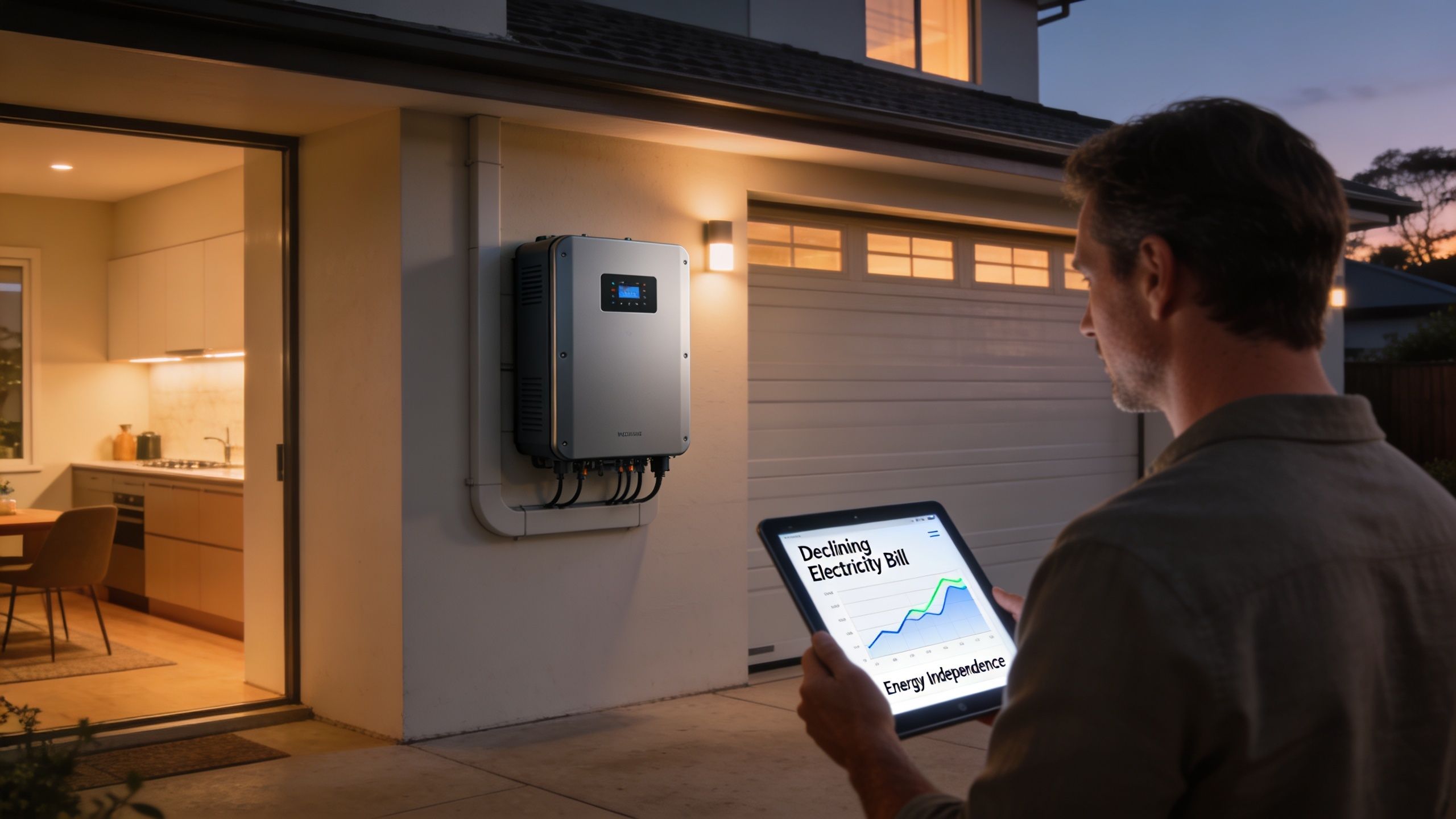 A man uses a tablet to check energy savings next to a modern home battery storage system.