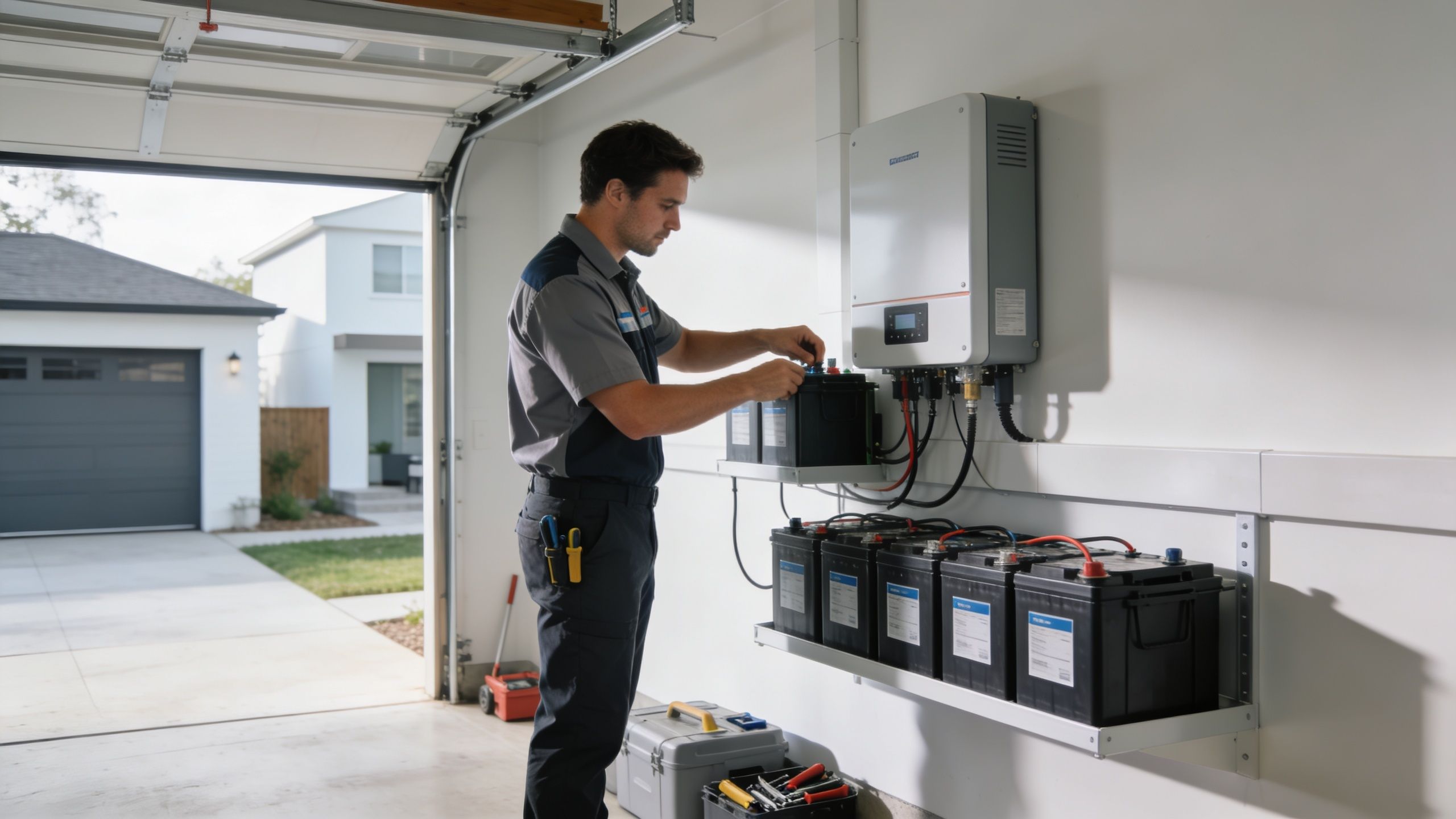 A professional technician installs a home battery storage system inside a modern residential garage.