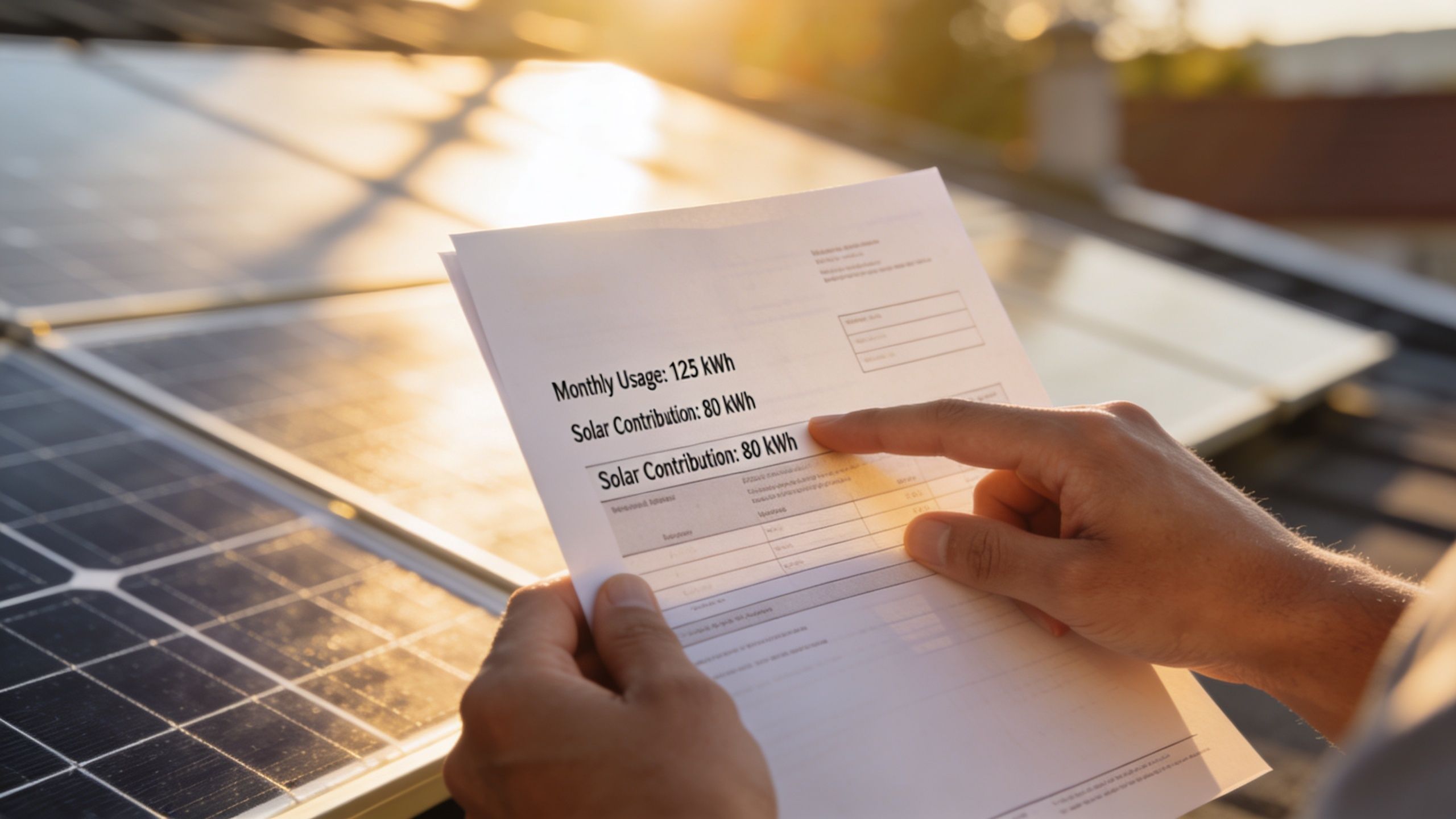 A person holds a paper document showing solar energy contribution statistics against a background of solar panels.
