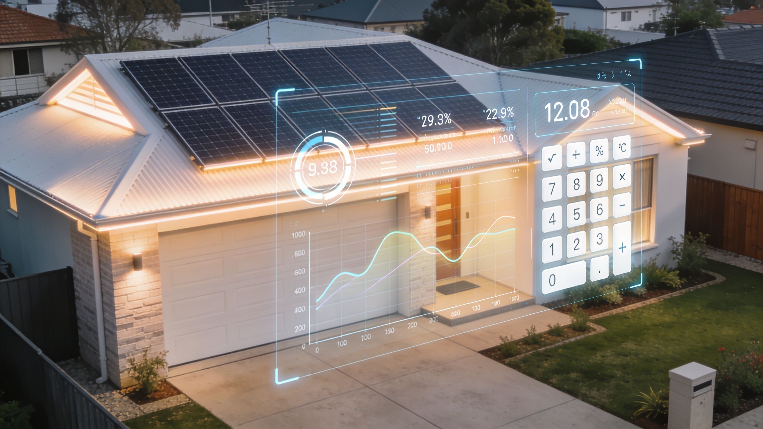 A modern house with solar panels on the roof displaying a digital data and energy consumption interface.