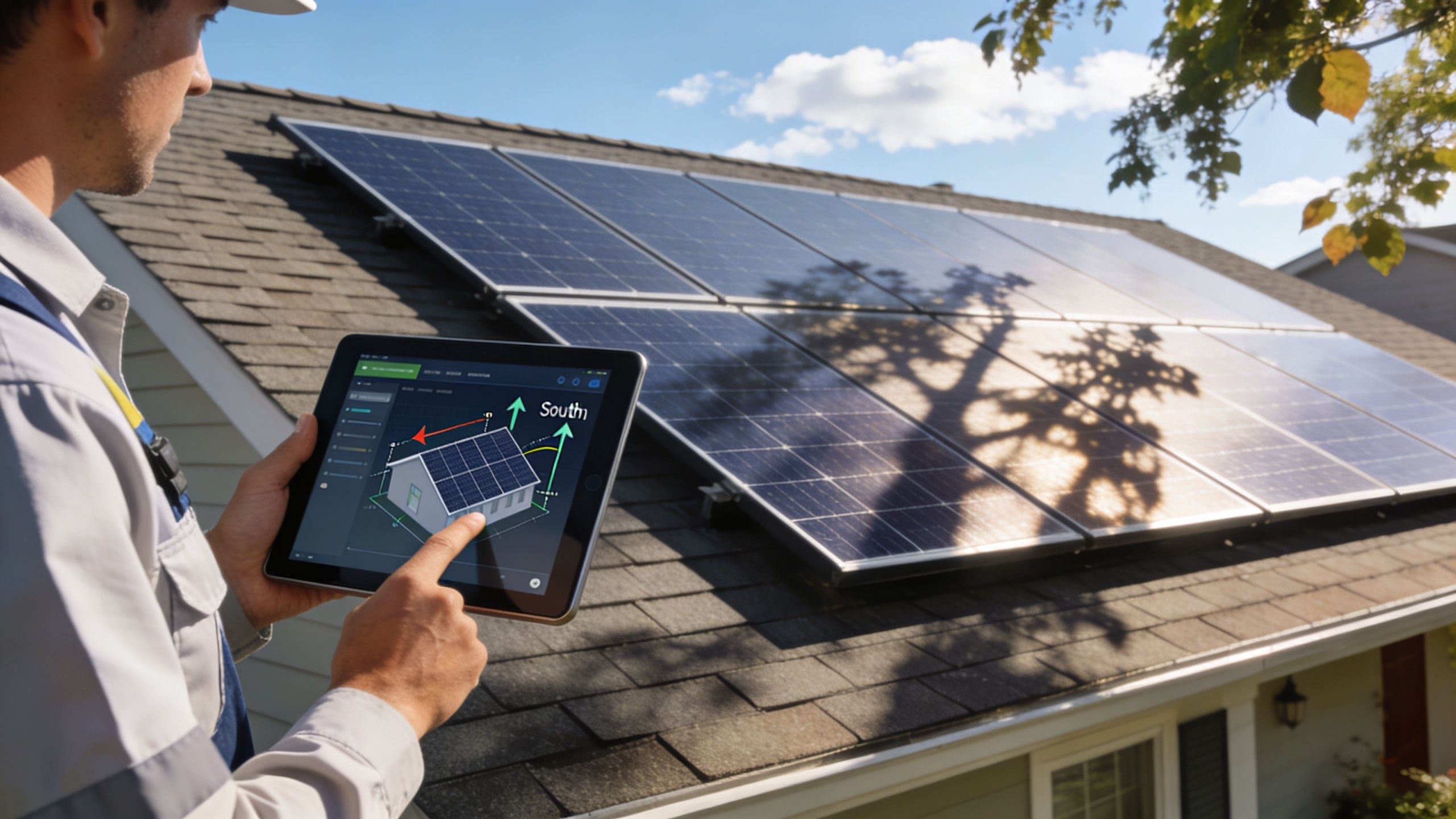 A technician using a tablet to analyze solar panel roof installation for home energy efficiency planning.