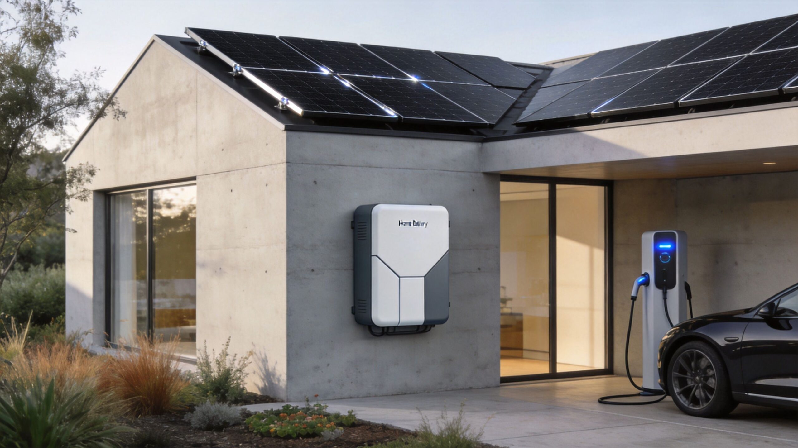 A modern home featuring solar panels on the roof, a wall-mounted battery unit, and an electric vehicle charger.