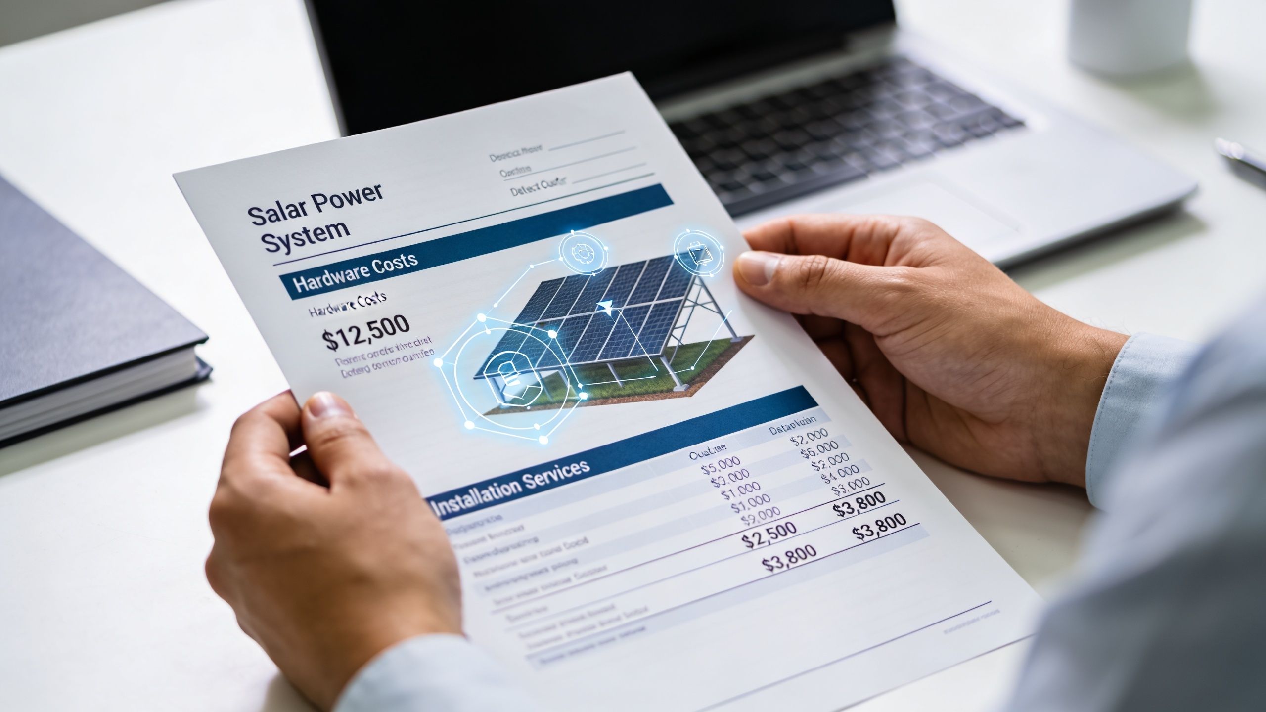 A person reviewing a document detailing the hardware and installation costs for a solar power system.
