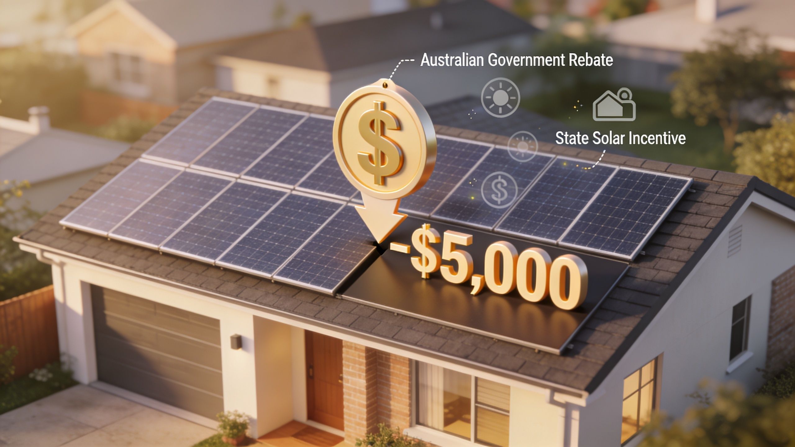 A house with solar panels on the roof showing a five thousand dollar discount for solar installation.
