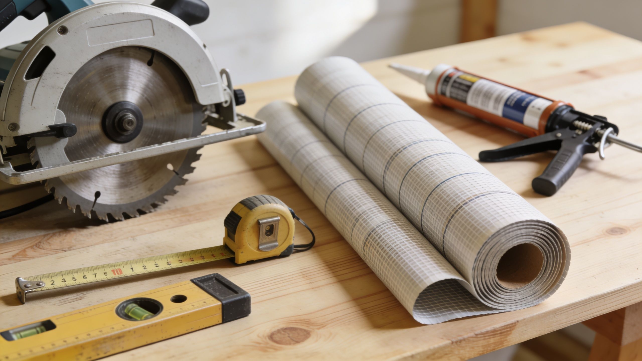A circular saw, tape measure, bubble level, and caulking gun arranged with building materials on a table.