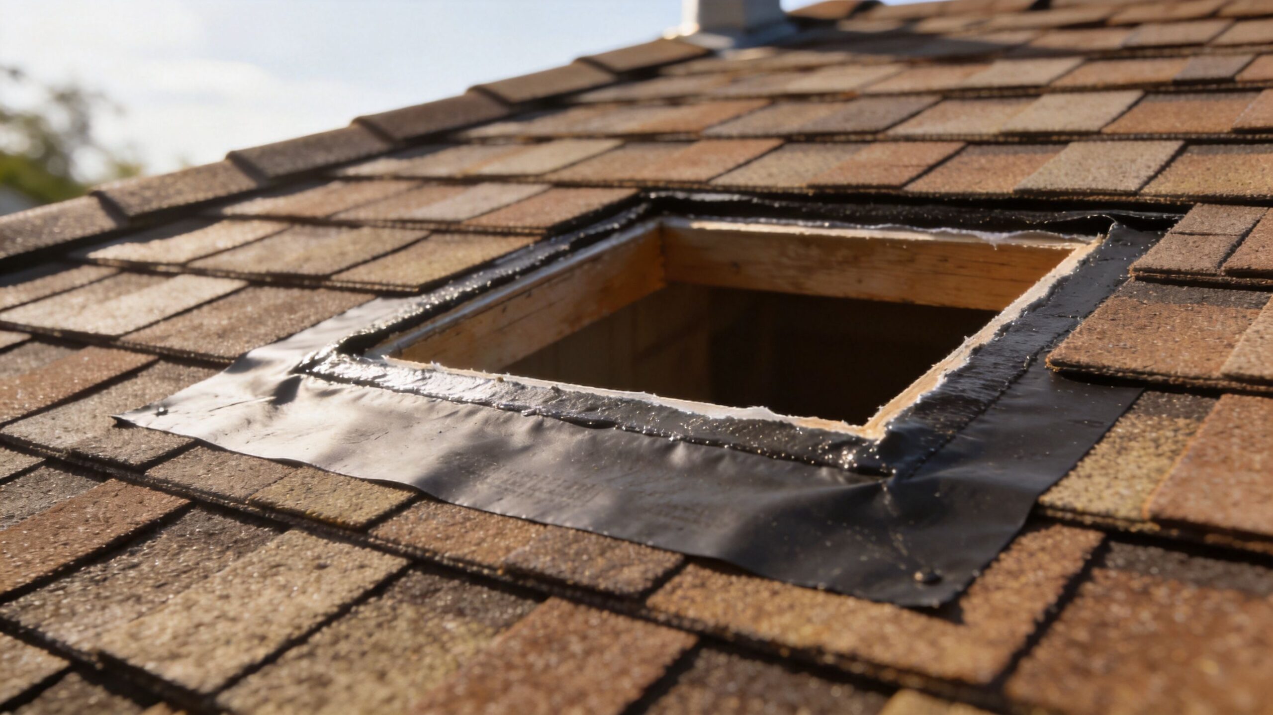A close up view of a roof opening prepared for installing a skylight with waterproof flashing applied.