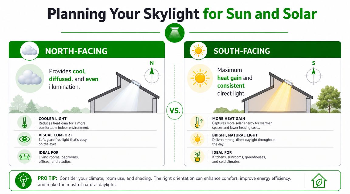 An infographic comparing the benefits of north-facing and south-facing skylight installations for home lighting and temperature.