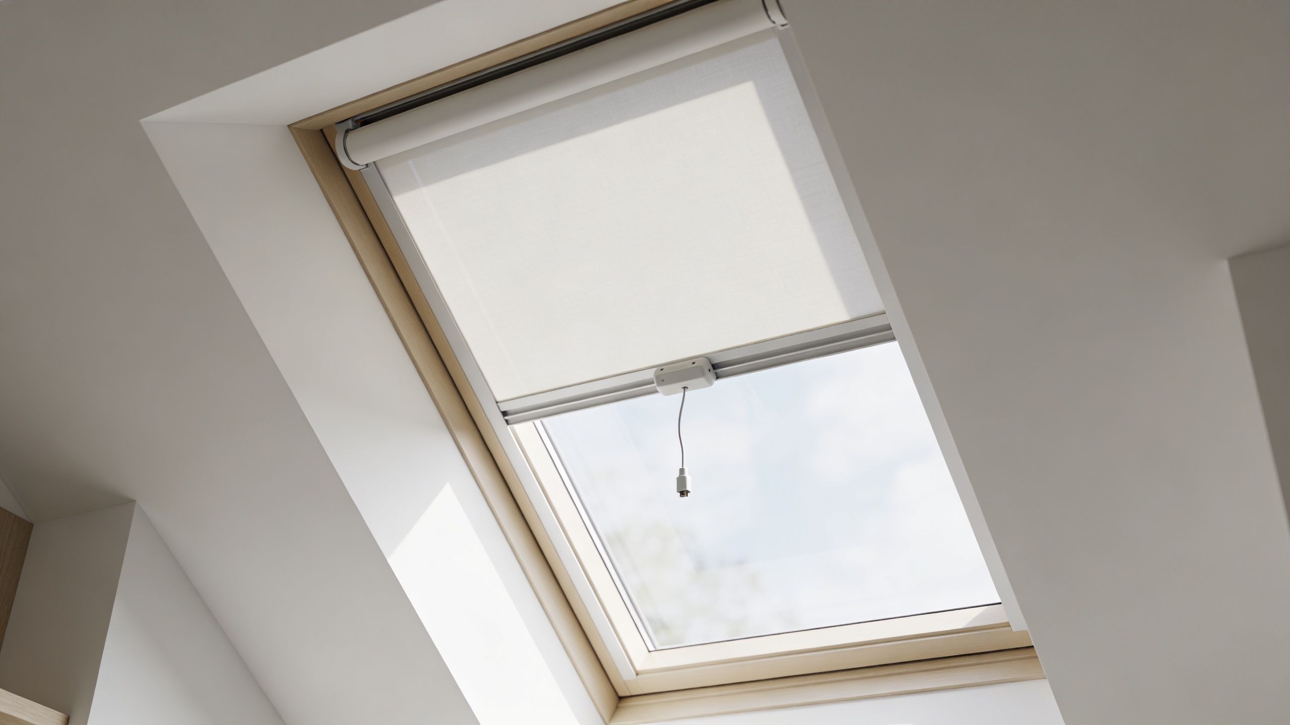 A modern skylight window installed in a slanted white ceiling with an adjustable white roller blind.