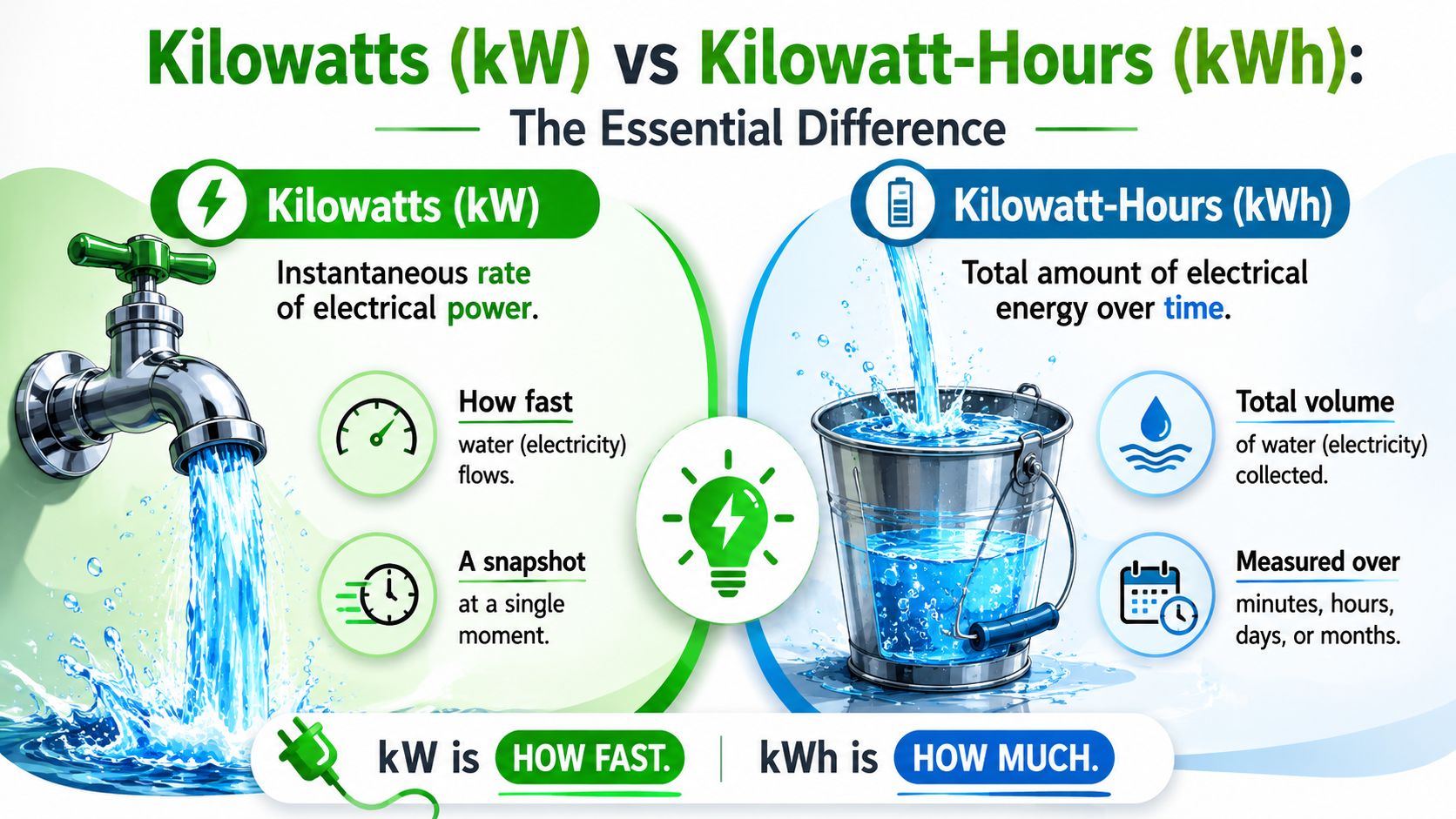 An infographic explaining the difference between kilowatts (kW) as power rate and kilowatt-hours (kWh) as total energy consumed.