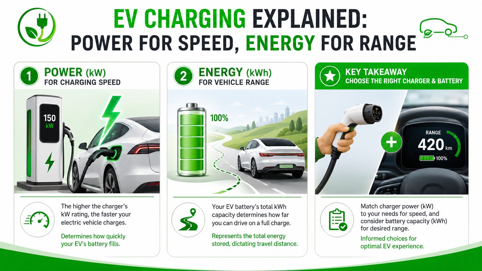 An infographic explaining EV charging, showing the difference between power in kW for speed and energy in kWh for range.