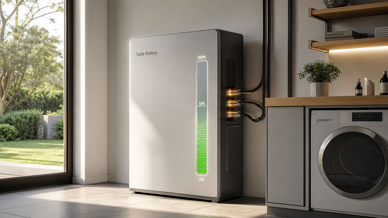 A modern solar battery unit standing in a bright home interior with a green energy level indicator.