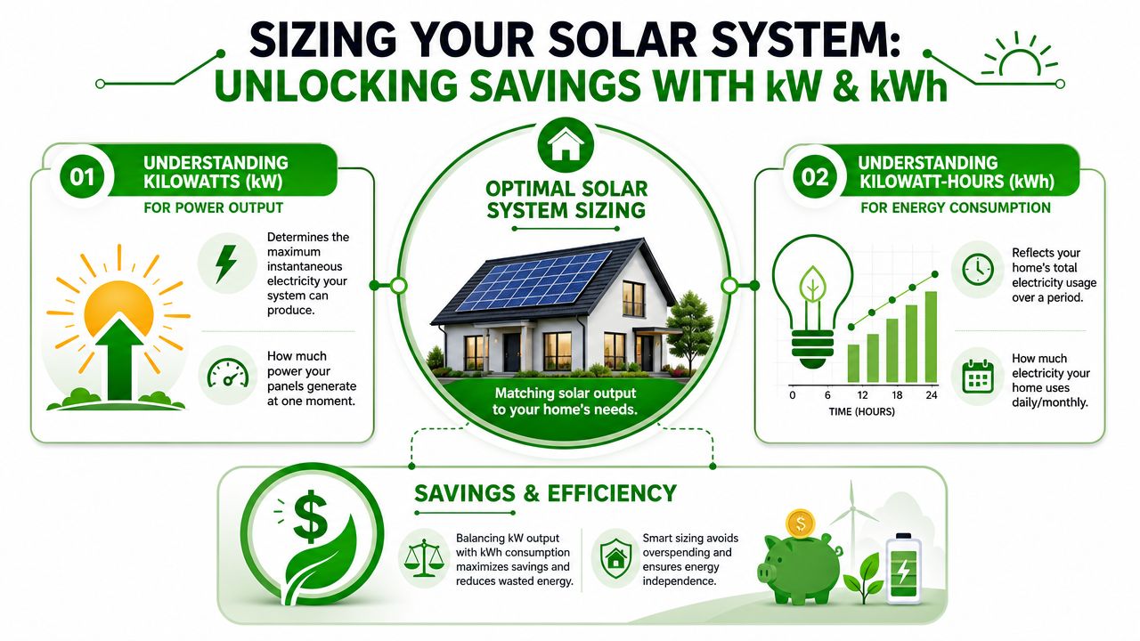 An infographic explaining the differences between kilowatts and kilowatt-hours for optimal solar system sizing and energy savings.
