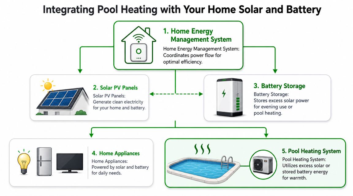 A diagram illustrating how a home energy management system integrates solar panels, battery storage, and pool heating.