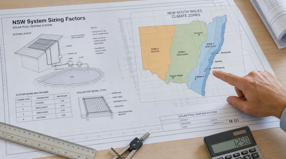 An engineer reviewing a solar pool heating system design document with a map of New South Wales zones.
