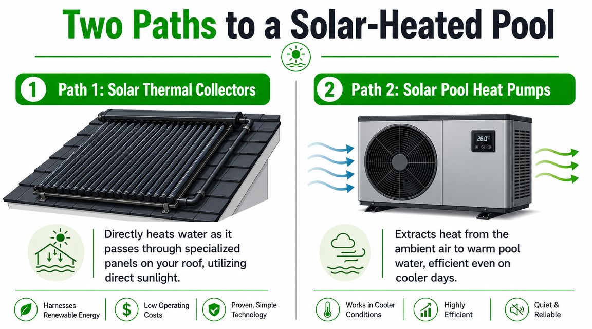 An infographic comparing solar thermal collectors and solar pool heat pumps for heating residential swimming pools.
